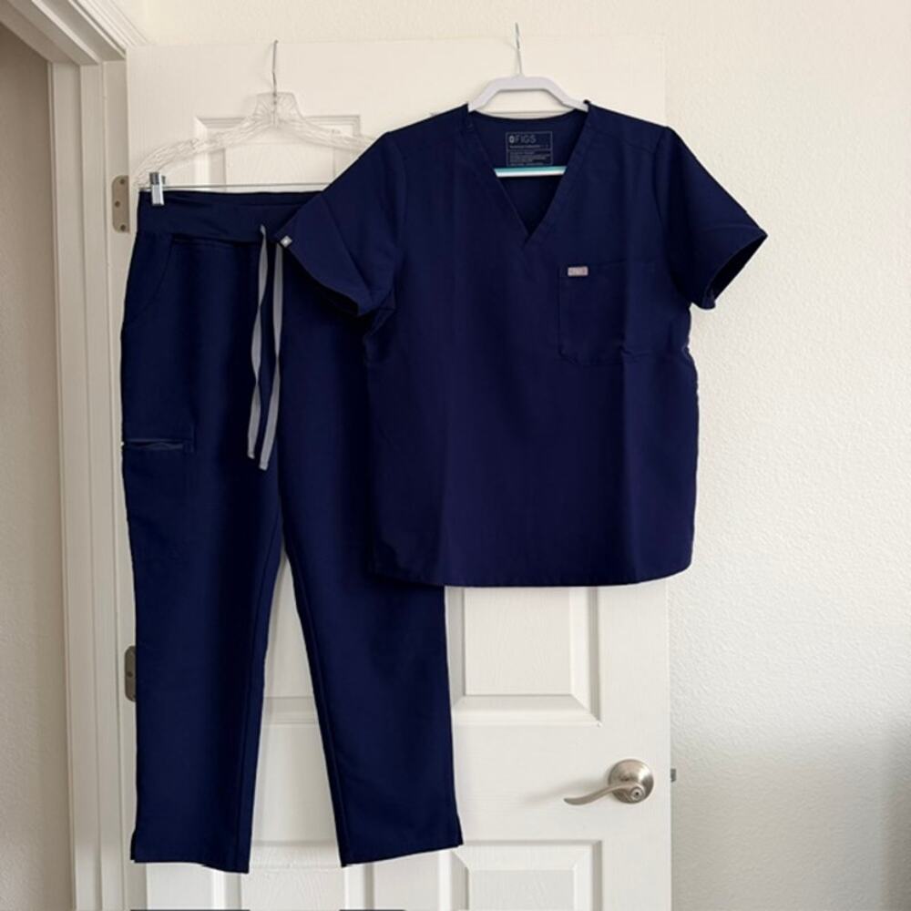 FIGS Scrub Set Navy Blue LARGE TOP LARGE PETITE BOTTOM Drawstring Women's